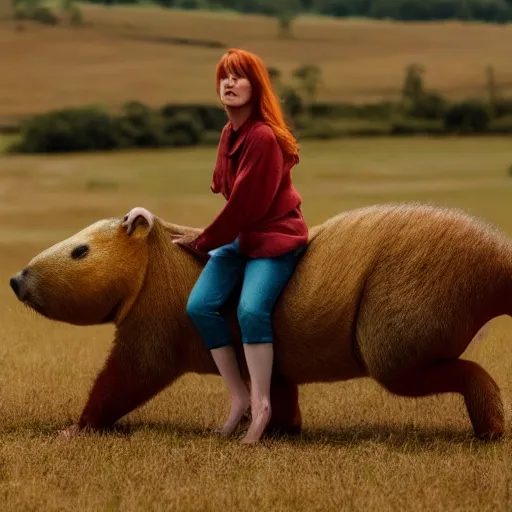 Image similar to cinematic shot of a thin ginger woman riding on top of a giant capybara in a field, 8k, dslr, detailed and realistic face,