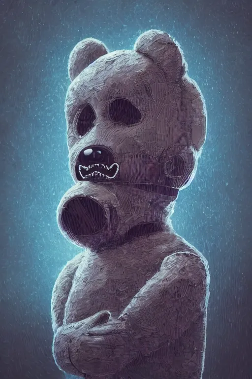 Image similar to portrait of a creepy horror carbon monoxide, teddy bear with mask . intricate abstract. intricate artwork. nightmare fuel. terrifying. by Tooth Wu, wlop, beeple, dan mumford , trending on artstation, greg rutkowski very coherent symmetrical artwork. cinematic, hyper realism, high detail, octane render, 8k, iridescent accents