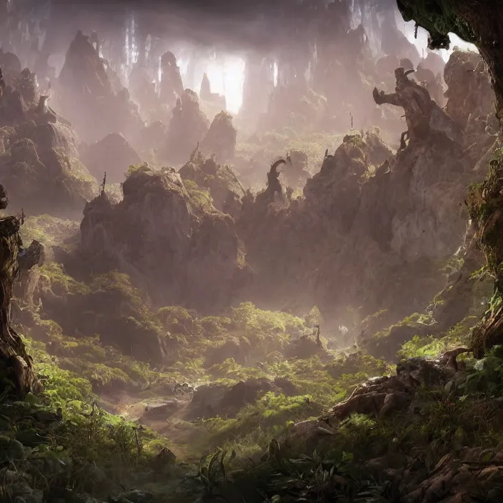 Image similar to a fantasy realm split down the middle with a forest on one side and a desert on the other, fantasy concept art, rendered in unreal engine, highly detailed, cinematic lighting, intricate, fantastical, video game cinematic, trending on artstation