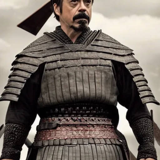 Prompt: Robert John Downey Jr as samurai , an film still