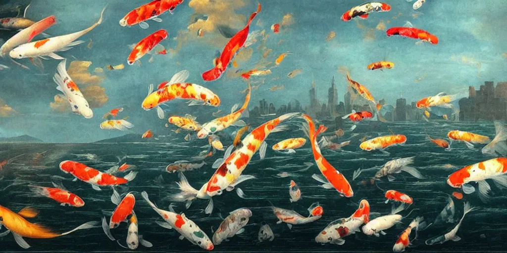 Image similar to beautiful oil matte portrait painting, giant flying koi fishes over manhattan at dusk, wonderful masterpiece highly detailed, beautiful cinematic light deep focus, elegant, digital painting, smooth, sharp focus, golden ratio, dramatic illumination, ultra realistic, 8 k, art by artemisia lomi gentileschi and caravaggio