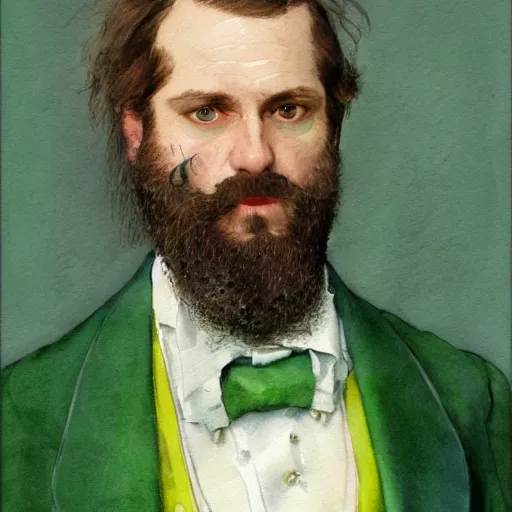 Image similar to Portrait of a handsome man with mutton chops. wearing a green suit. colorful necktie, pale white face, long messy hair, ((red)) baggy eyes, tired face, watercolor, brushstrokes, high detail, artstation, background yellow and blue, medium detail, by Ilya Repin