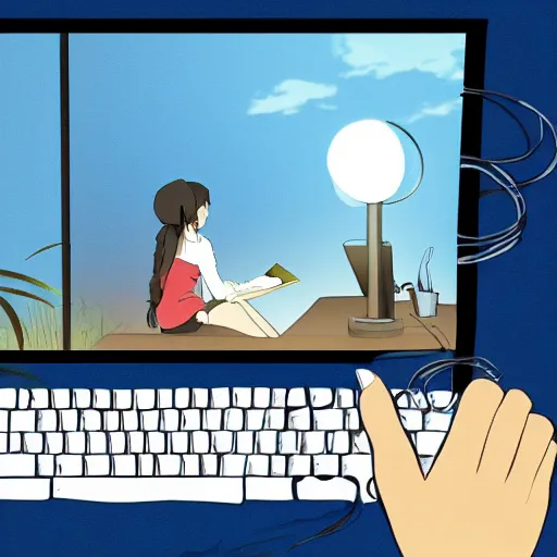 Prompt: a side view of a beautiful girl sitting on her desktop writing something, headphones on, hand on her chin, nightlamp, digital art, anime, studio ghibli style, window and city background, portrait