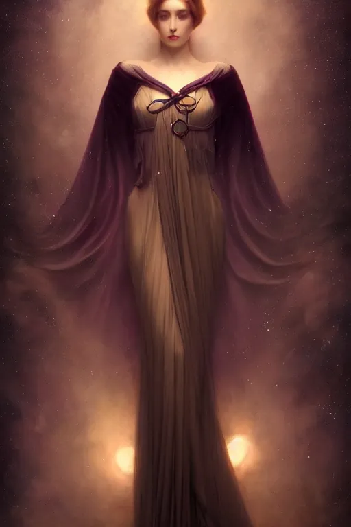 Image similar to Nocturne, glowing, stars, a long-legged elegant evil woman, highly detailed, mysterious, ethereal, dressed in dark violet velvet, haute couture, illustration, dramatic lighting, soft details, painting, by Edmund Blair Leighton, Brom, Charlie Bowater, trending on artstation, faces by Tom Bagshaw, otto schmidt