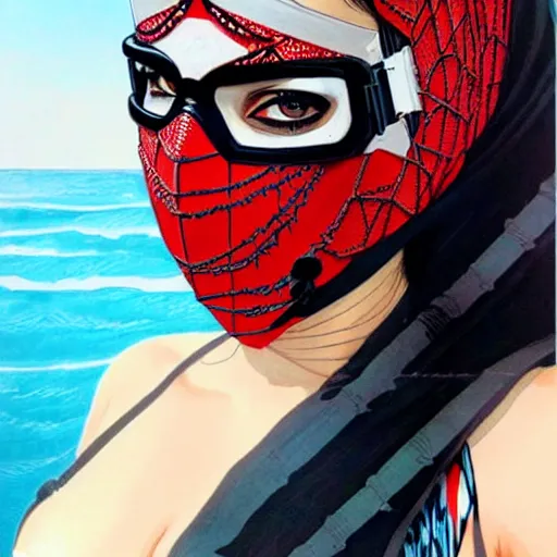 Prompt: a portrait of a saudi woman with side profile blood in ocean intricate details wearing a diver mask by MARVEL comics and Sandra Chevrier-C