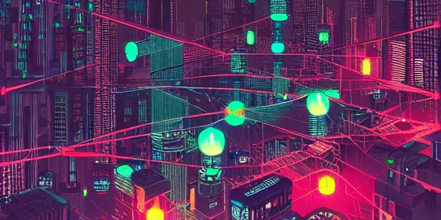 Image similar to glowing chains of interconnected network of technological cubes floating in the middle of a cyberpunk tokyo 2 0 9 9 city, in the art style of dan mumford and marc simonetii