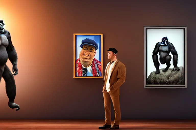 Prompt: Gorilla standing beside a framed portrait of a man wearing a novelty cap with a propeller, hyperrealistic, concept art, 8k, artstation, cinematic, volumetric lighting