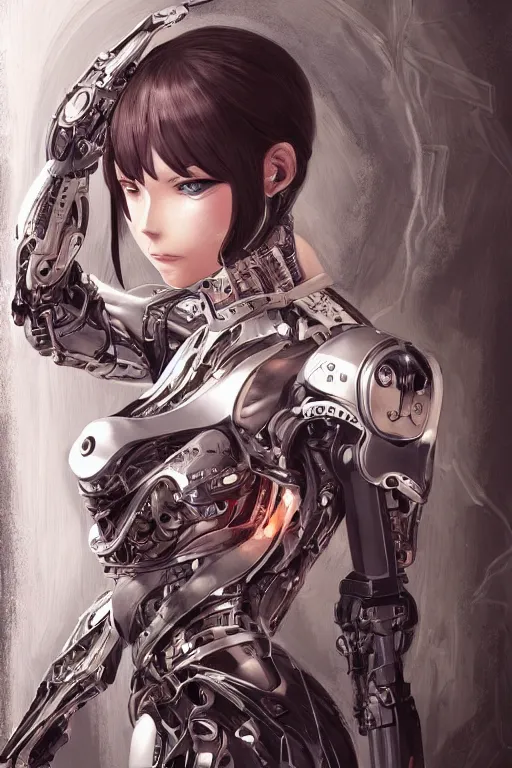 Image similar to cyborg , 3d, third person, sci-fi fantasy, intricate, elegant, highly detailed, lifelike, photorealistic, digital painting, artstation, illustration, concept art, sharp focus, art in the style of Shigenori Soejima