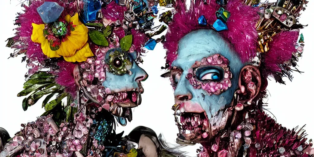 Prompt: a portrait of a punk rock zombie, pink crystal mohawk, skin made of crystals fruit and flowers, Baroque, Arcimboldo, character design, expressionistic, blue background