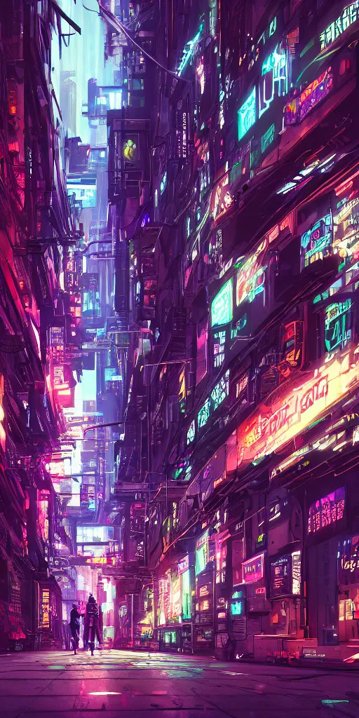 Image similar to wide! cyberpunk alley with a partial power outage, digital art, readable text, bold outlines, clean, cinematic camera, 8 k,