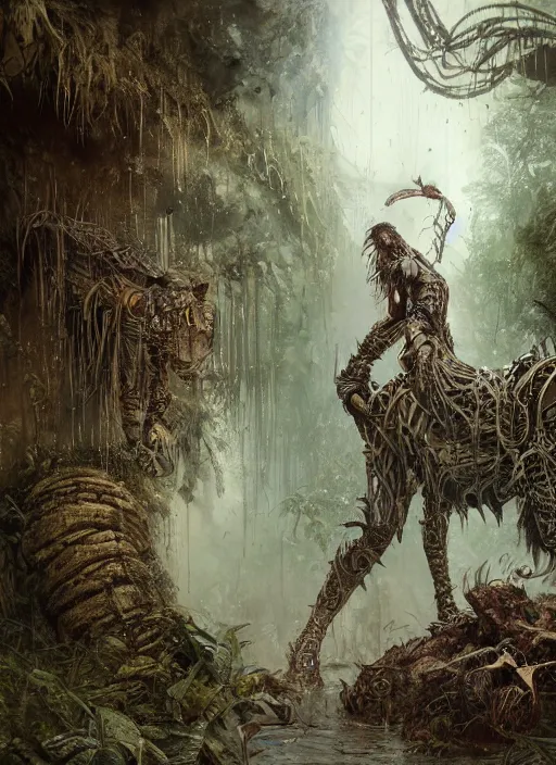 Prompt: a very beautiful cute tribal woman riding a mutated jaguar in a post apocalyptic city overgrown with lush vegetation, by Luis Royo, by Greg Rutkowski, dark, gritty, intricate, backlit, strong rimlight, cover illustration, concept art, volumetric lighting, volumetric atmosphere, sharp focus, octane render, trending on artstation, 8k