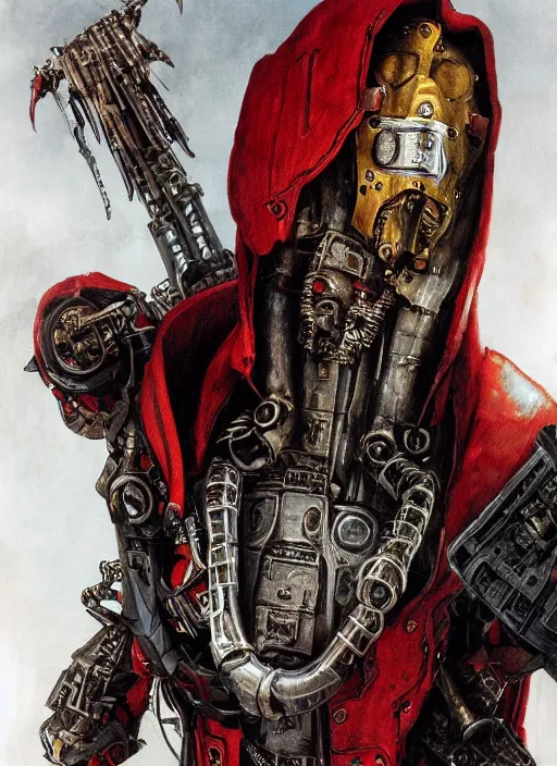 Image similar to portrait of rotten Nicolas Cage as adeptus mechanicus in red hood and robe from Warhammer 40000. Highly detailed, artstation, illustration by and John Blanche and zdislav beksinski and wayne barlowe