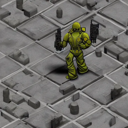 Prompt: fallout enclave fighter in power armor with a minigun in his hands shoots a crowd of zombies in the corridor of the bunker, camera view isometric, post - apocalypse, 3 d prerender, realism