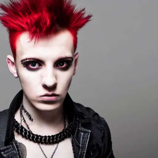 Prompt: young man with a short red dyed mohawk, red eyes and a slim face, dressed in punk clothing, punk style, headshot photo, attractive, handsome, in color, no lipstick, model