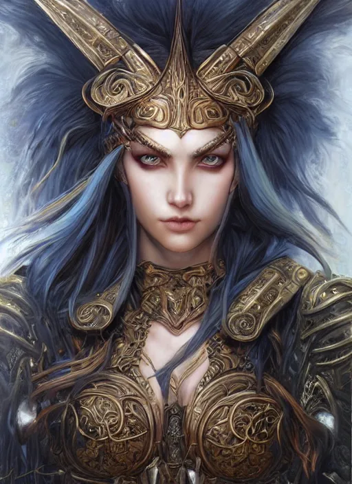 Prompt: a highly detailed symmetrical eye level shot of a female fantasy warrior with piercing beautiful eyes, art by artgerm and karol bak and mark brooks and donato giancola and bayard wu, oil painting, reallusion character creator, depth perception, elegant, intricate