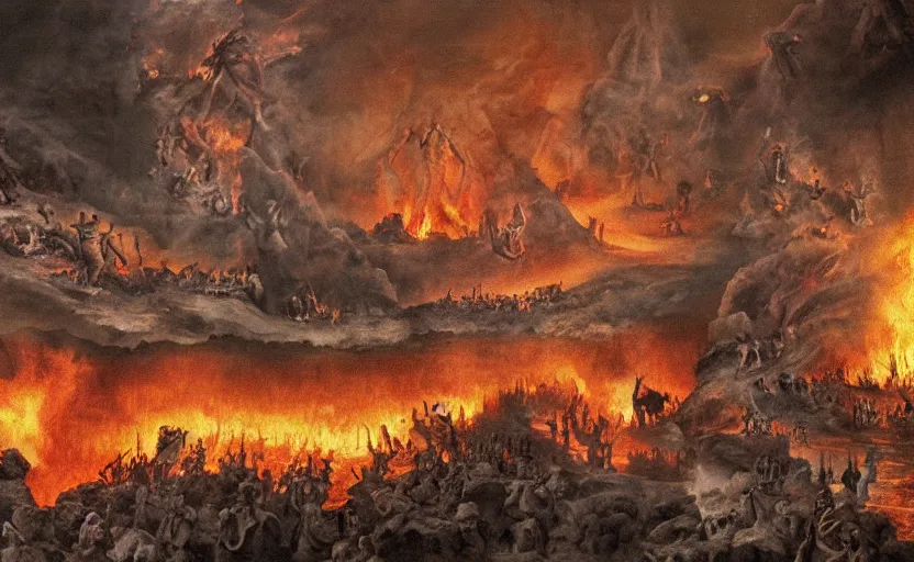 Image similar to a detailed matte painting of the most disturbing depiction of hell, in the style of dantes inferno