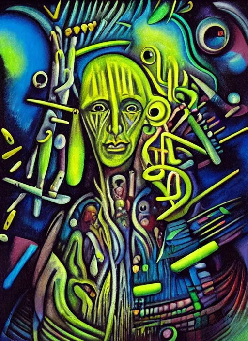 Prompt: “A surreal neon painting of a rotting shaman futuristic picasso by hr giger and Vladimir kush and dali and kandinsky, 3d, realistic shading, complimentary colors, vivid neon colors, aesthetically pleasing composition, masterpiece, 4k, 8k, ultra realistic, super realistic”