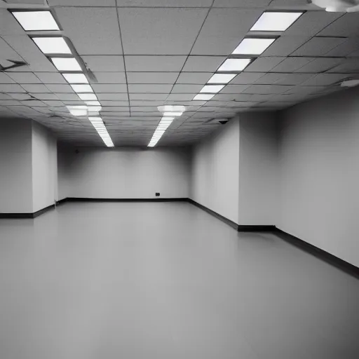 Image similar to an empty office space at night, eerie atmosphere