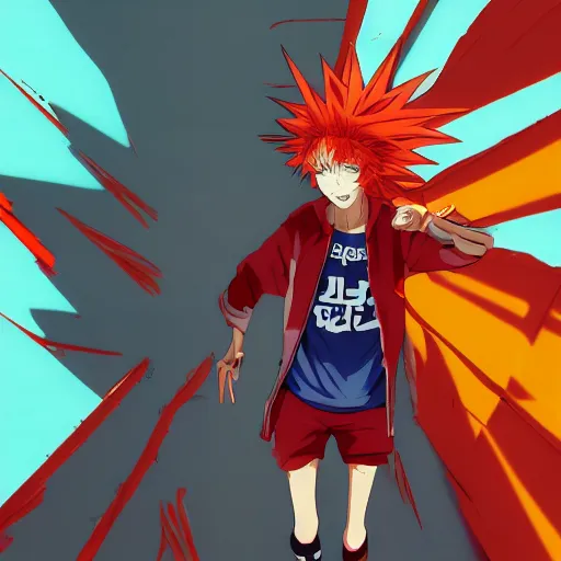 Image similar to orange - haired anime boy, 1 7 - year - old anime boy with wild spiky hair, wearing red jacket, running past colorful building, red - yellow - blue colored building, turquoise aquamarine windows, strong lighting, strong shadows, vivid hues, ultra - realistic, sharp details, subsurface scattering, intricate details, hd anime, 2 0 1 9 anime