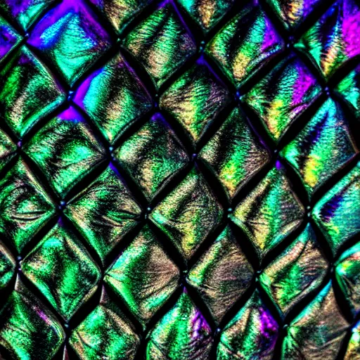 Image similar to an intricate closeup of iridescent leather scales, 4k photography, blacklight