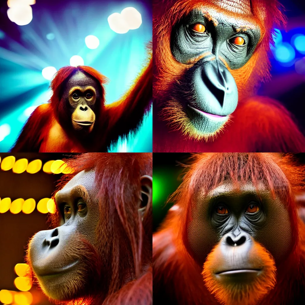 Prompt: A high-quality photo of an orangutan with Michael Gove partying at the club, disco lights, bokeh, photorealism, motion blur