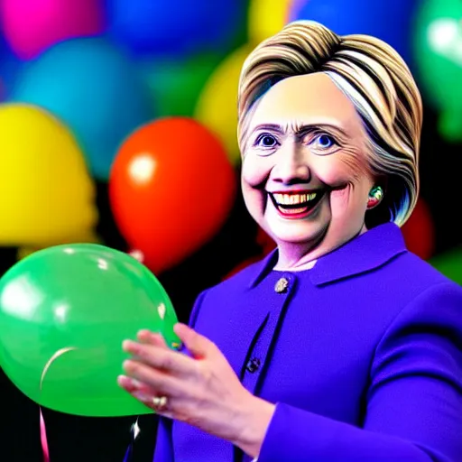 Prompt: Hillary Clinton with a lizard face looking at brightly colored balloons, photo, detailed, 4k