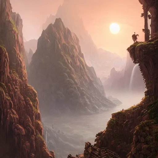 Image similar to a beautiful hyper realistic detailed matte painting of the entrance to a dungeon of the gods at the base of an ancient mountain, dramatic lighting, dynamic lighting, cinematic lighting, lit by morning light, by raphael lacoste and john howe and andreas rocha, unreal engine, featured on artstation, ultrawide angle, f 8, polarizer filter : 1 0