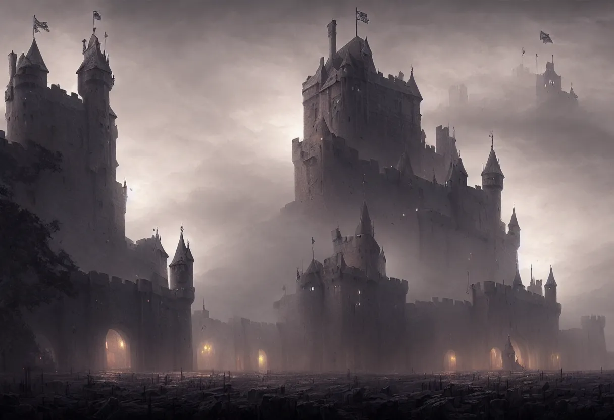 Image similar to castle with 3 0 years war, ultra high definition, ultra detailed, symmetry, fog, matte painting, by greg rutkowski and ross tran and wlop