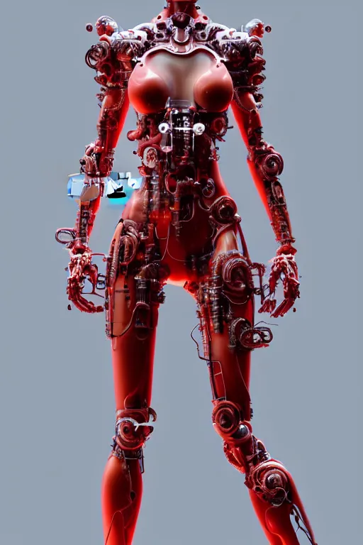 Image similar to a statue made of red marble, of an beautiful chinese girl, full body shot, perfect body, white biomechanical, inflateble shapes, wearing epic bionic cyborg implants, masterpiece, intricate, biopunk futuristic wardrobe, vogue, highly detailed, artstation, concept art, background galaxy, cyberpunk, octane render