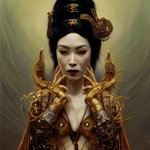 Image similar to highly detailed oil painting, very intricate, cinematic lighting, award - winning, portrait of the asian goddess of goth dressed by alexander mcqueen, by roberto ferri, by tom bagshaw, by j. c. leyendecker and klimt, american romanticism, by austin osman spare, artstation, cgsociety, official art, octane