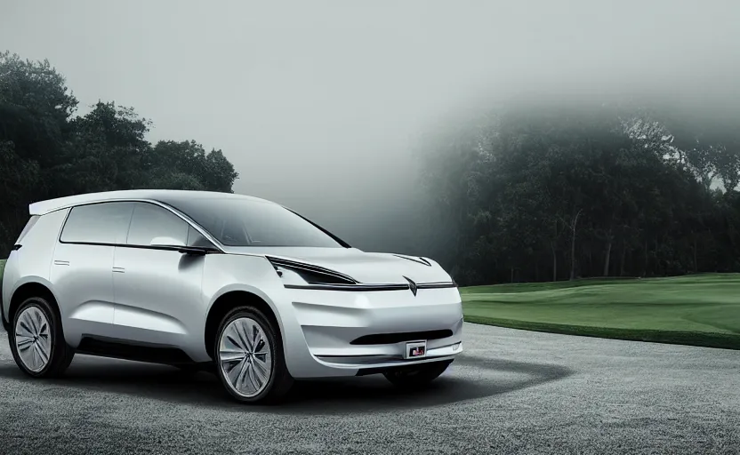 Prompt: the electric suv honma will release soon, outdoor product photography on a golf course, fog, very besautiful ambient light, sun rays behind the lake