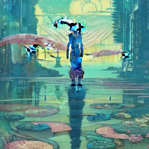 Image similar to a beautiful hyperdetailed character design 4 k wallpaper illustration of a cute dolphin, city by the sea, victo ngai cyberpunk style, from china, style of studio ghibli, makoto shinkai, raphael lacoste, louis comfort tiffany, artgerm, james jean, ross tran, chinese style