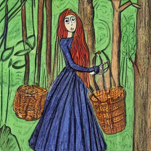 Image similar to ordered dark green by helio oiticica. a drawing of a vasilisa standing in the forest, surrounded by animals. she is holding a basket of flowers in one hand & a spindle in the other. gentle expression. in the background, the forest is dark & mysterious.