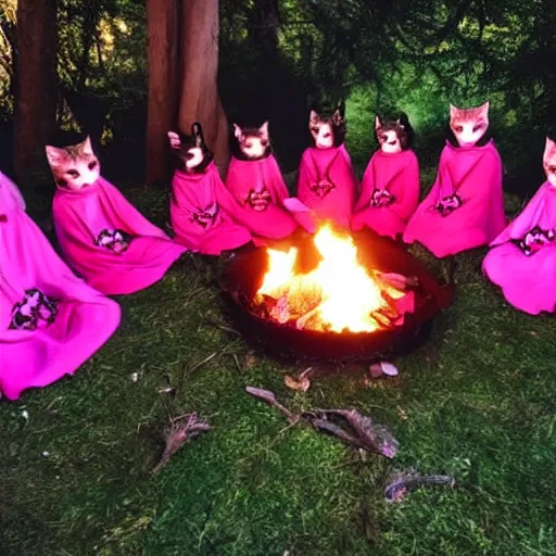 Prompt: a cult of pink cloak wearing kittens summon a fire goddess from the depths of a raging fire pit, flames are emerging from fissures in the ground.