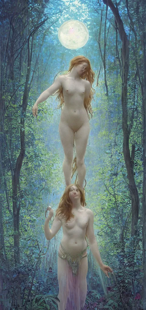 Prompt: painterly dreamy Kupala Night in the blue night forest with trees which have eyes, giant flowers, glowing owls, deers, beautiful women, lianas, thistles, giant fantasy creatures, a stream and sky with moon and stars by Alphonse Mucha, Beksinski, Alex Grey, Aron Wiesenfeld, tranding on artstation and Giger dark fantasy, witcher, very detailed oil painting in the alla prima style, volumetric lighting, masterpiece, 8k