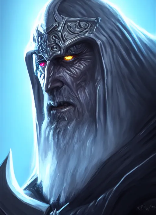 Image similar to portrait painting of lich king, acrylic, daz. detailed, portrait, oil painting, artstation, unreal 5, hd, artgerm, dnd, rpg