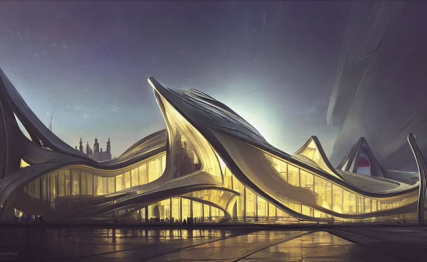 Image similar to exterior shot of utopian architecture transparent building with cinematic lighting by zaha hadid and renzo piano, darek zabrocki and greg ruthkowski, alphonse mucha, simon stalenhag, cinematic, stars, beautiful, holy place, paradise, scifi, futurism, atmospheric, concept art, artstation, trending on artstation