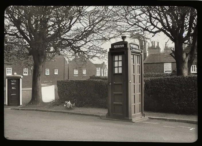 Image similar to photo of a metropolitan police box in front of houses in suburban london, police box, 1936, sepia