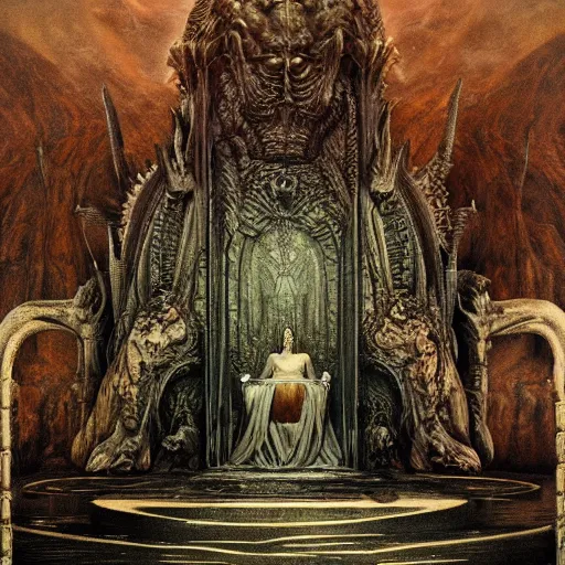 Prompt: the throne of wisdom | highly detailed matte painting, hyperrealistic, very intrincate | cinematic lighting, award - winning | by rachel ruysch, giger, beksinski and bocklin | by austin osman spare and william blake, trending on artstation, cgsociety, official art, octane.