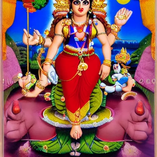 Image similar to supermario as durga hindu god with many arms sprawled out behind her,