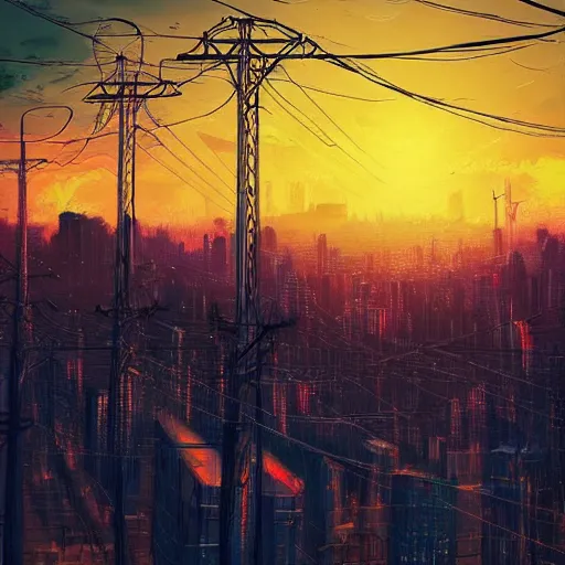 Prompt: the sun is setting over a city with power lines, cyberpunk art by alena aenami, featured on deviantart, digital art, matte drawing, matte painting, speedpainting