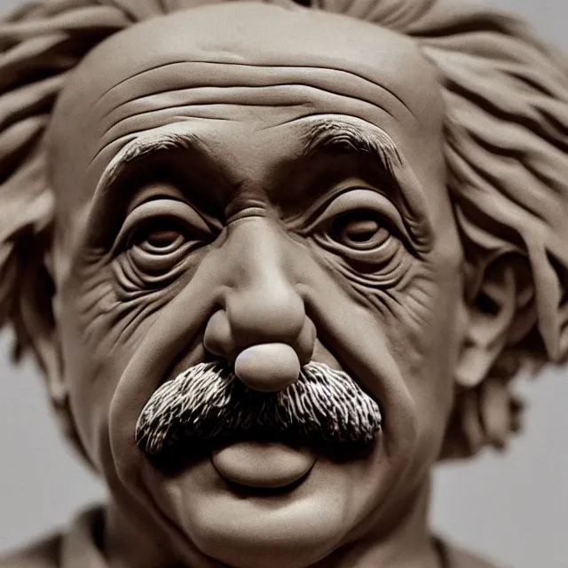 Image similar to photography of a sculpture of Albert Einstein made of clay by Sebastian Kruger and Michelangelo, 50mm, studio atmosphere, 8K, rim light, octane render, ultra-realistic