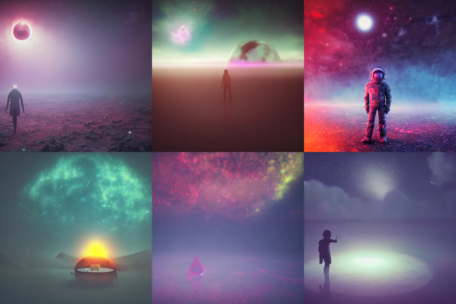 Prompt: nightmare fuel floating in space inside magic colorful glowing fog, starry sky, tranquil, desolate, atmospheric, hazy, autochrome, 8k, octane render, unreal engine 5