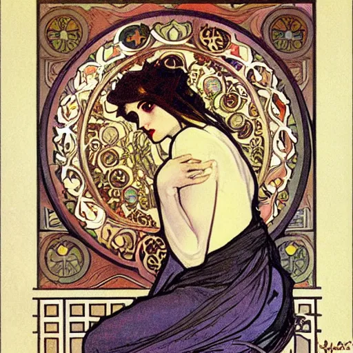 Image similar to death, painted by alphonse mucha