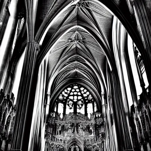 Image similar to a art nouveau cathedral, hd, black and white photograph,
