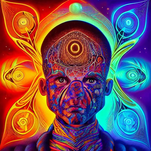 Prompt: ( a intricate ornate psychedelic image of a shaman with a glowing third eye, digital art by artgerm, alex grey, dan mumford, felix kelly, psychedelic art, psychedelic, fractalism, fractals, sacred geometry, trending on artstation, hyper realism, highly detailed, cgsociety, octane render, raytracing, 3 d ) on a mouse pad