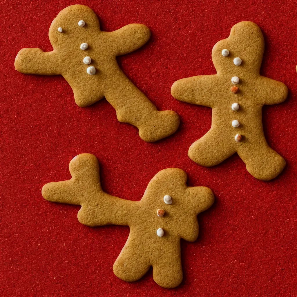 Image similar to top-down view of a cute gingerbread man on top of a red surface, 8k, high detail, photorealistic, proper shading