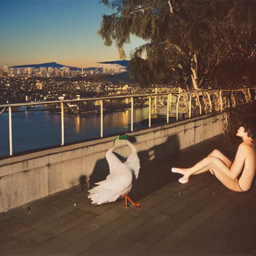 Image similar to ryan mcginley photograph, leica s, kodachrome, rooftop, los angeles, moon, downtown, echo park, lake, swans, landscape, cigarette