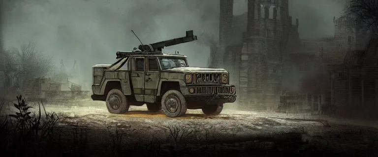 Image similar to Humvee with a mounted M249 (1985), Dark Souls 3, a grim fantasy, Anor Londo, dramatic lighting, cinematic, establishing shot, extremely high detail, photorealistic, cinematic lighting, artstation, by simon stalenhag