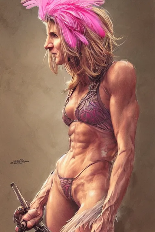 Image similar to muscled Cameron Diaz as a ruggedly handsome hero wearing pink feathers, intricate, elegant, tasteful, highly detailed, centered, digital painting, artstation, concept art, smooth, sharp focus, illustration, art by artgerm and donato giancola and Joseph Christian Leyendecker, WLOP